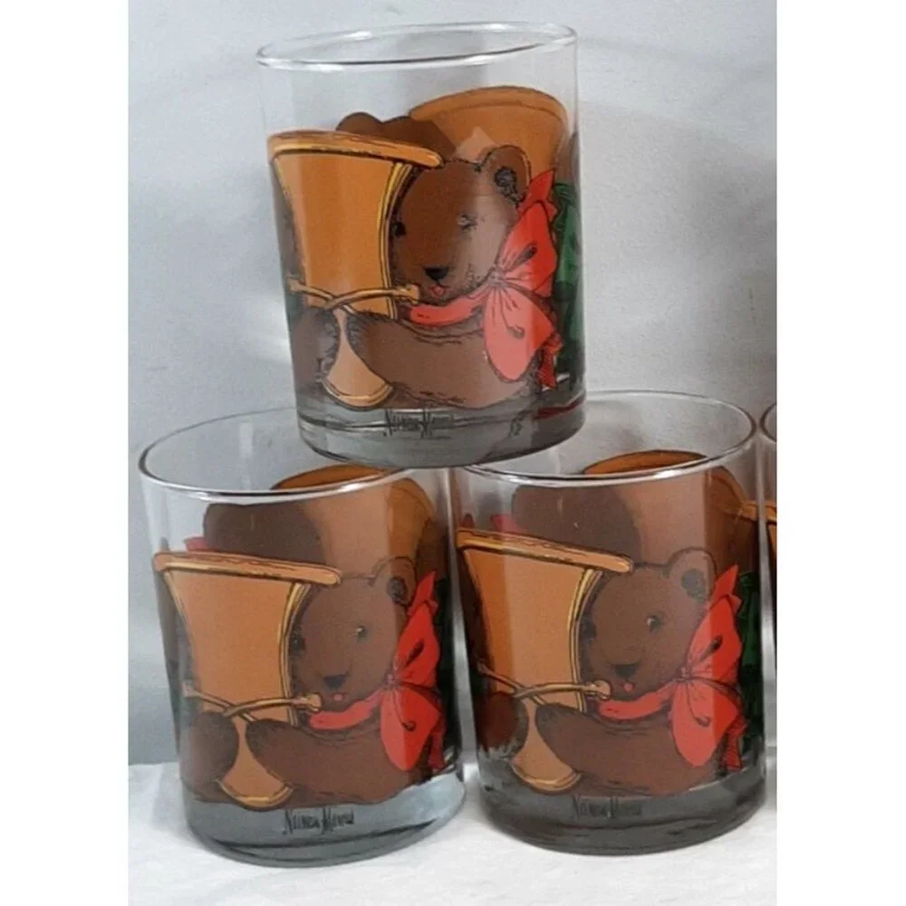 Vintage Neiman Marcus Christmas Holiday Teddy Bear Glasses Set of 6